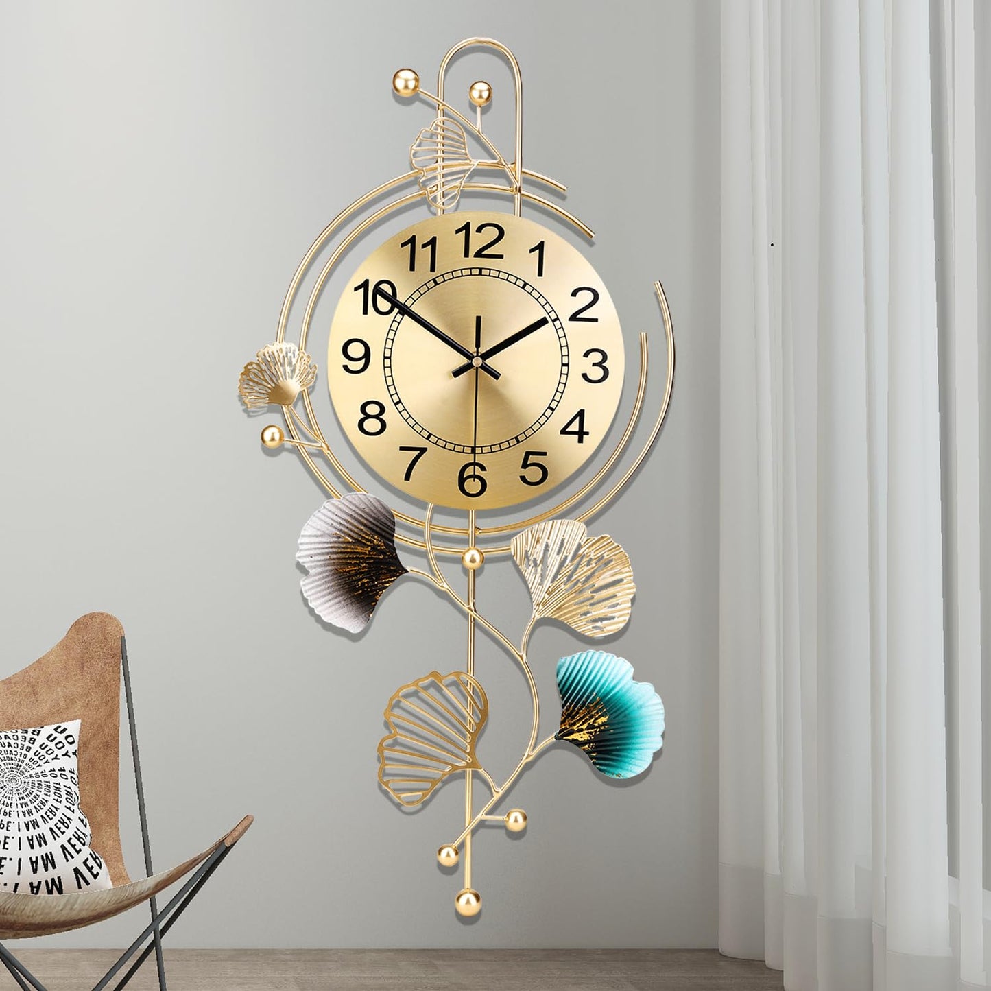 FILLOVE Elegant Metal Wall Clock with Silent Round dial and Gold and Blue Leaves, Modern Non-Walking Silent Metal Wall Clock for Living Room, Bedroom, Study, Office (25in*12in) (Gold Leaf)