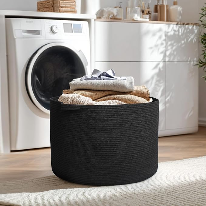 MEGASKET 115L Super Large Black Blanket Basket, 23.6"x15.7" Woven Rope Bin for Storage, Oversized Kids Dog Toy Storage Box Bins, XXXL Blanket Holder for Living Room, Jumbo Wicker Basket for Organizing