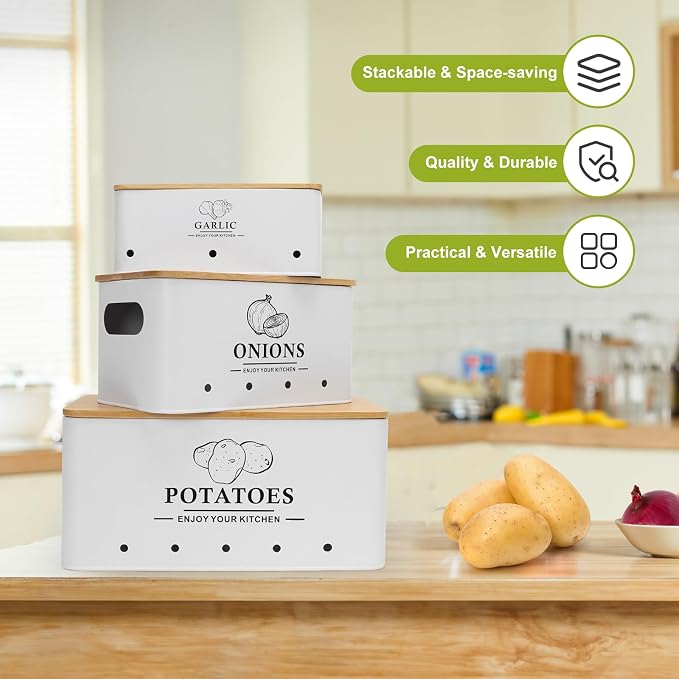 Kitchen Vegetable Storage Set of 3, Metal Onion Garlic Potato Storage Set, Kitchen Canisters Vegetable Keeper Containers with Aerating Holes and Bamboo Lid,White