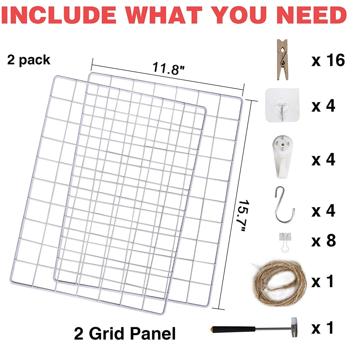 C&AHOME Photo Wall Display Set of 2, Grid Panel with Hooks, Clips, Hemp Cord, Hammer - 15.7" x 11.8", White UWWGM3402W