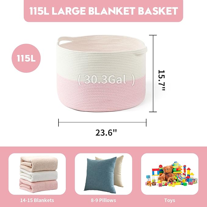 Foldable Laundry Hamper Basket with Collapsible Handle Cotton Rope Soft Woven Fabric Storage Organizer Clothes Toys Nursery Bedroom Dorm Space Saving Bin (White & Pink, 115L(23.6"D x 15.7"H))