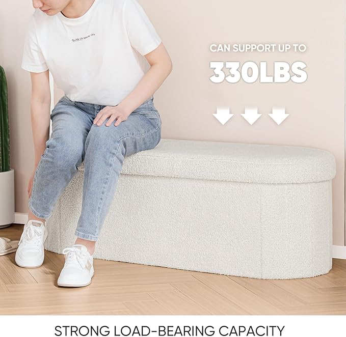 B FSOBEIIALEO Ottoman with Storage for Living Room, Sherpa Folding Storage Ottoman Foot Rest, 43.3 Inches Collapsible Bedroom Bench White Cream