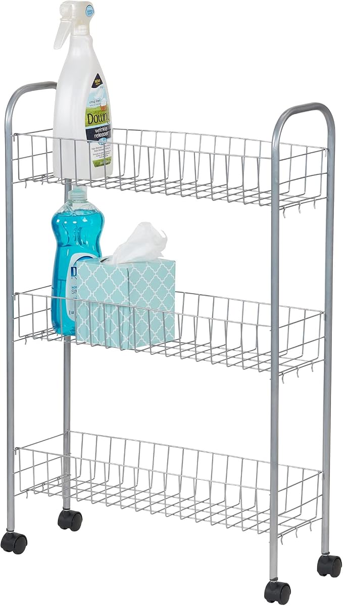 Household Essentials Slim Storage Cart, 3 Shelf Storage Cart with Wheels, Perfect for Laundry Rooms, Bathrooms, Pantries, Kitchens and More