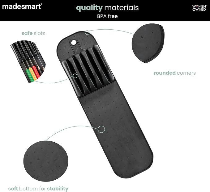 madesmart Knife Mat, Compact Soft-Grip Slot Organizer for 5 Knives, Non-Slip Drawer Insert Protects Blades and Maximizes Space, Carbon