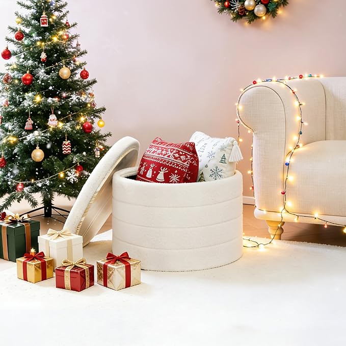 B FSOBEIIALEO Ottoman with Stroage, Round Sherpa Storage Ottoman Stool, Boucle Foot Rest22 x 22"x15.75" (White)