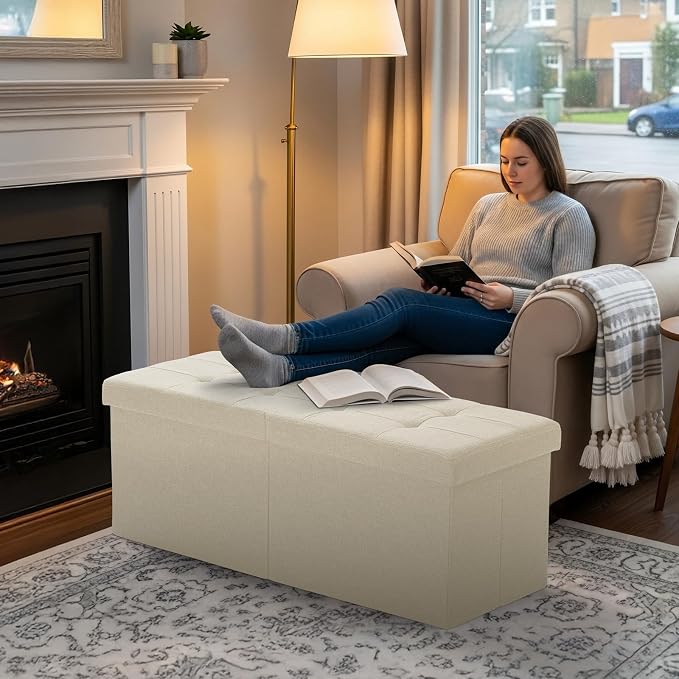 35-INCH Storage Ottoman Bench, Footrest with Storage, End of Bed Bench Coffee Table for Living Room, Bedroom, Entryway, Beige