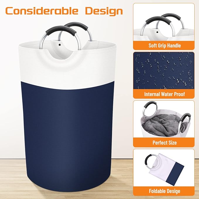 BlissTotes 75L Laundry Basket, Freestanding Laundry Hamper, Collapsible Dirty Clothes Hamper, Waterproof Fabric with Foam Protected Aluminum Handles for College, Dorm, Family (Blue)