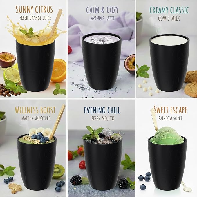 Wheat Straw Drinking Glasses Set of 6, Unbreakable 12 OZ Small Drinking Glasses, Alternative to Plastic Reusable Cups for Kitchen & Outdoor, Dishwasher Safe Cup Set, Black