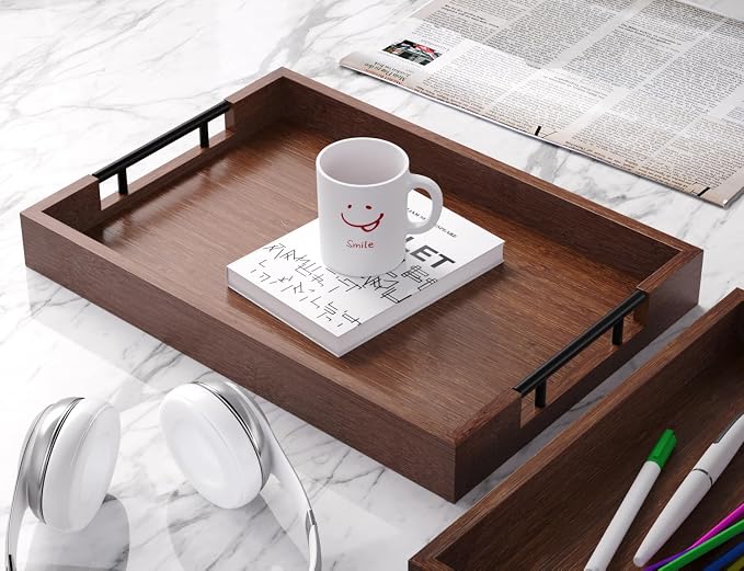 Fibogollo Bamboo Serving Tray with Metal Handles,17x12in Ottoman Decorative Trays Platter for Coffee Table,Living Room,Bar,Party,Large(Brown)