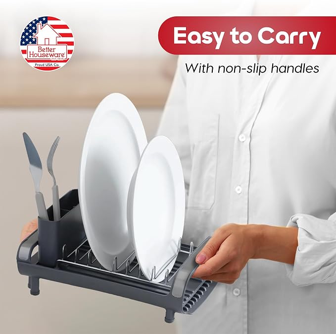 Better Houseware in Sink Dish Drying Rack, Dish Drying Rack in Sink with Non-Slip Handles, Stainless Steel Space-Saving Design, Dish Rack Holds 8 Plates, 12.25 x 18 x 10.75 Inch, Gray