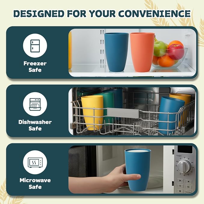Wrova Wheat Straw Cups Reusable Kitchen Cups Set of 8, Unbreakable 20oz Drinking Cups Alternative to Large Plastic Cups, Dishwasher Safe Big Tumblers & Water Glasses- Vibrant