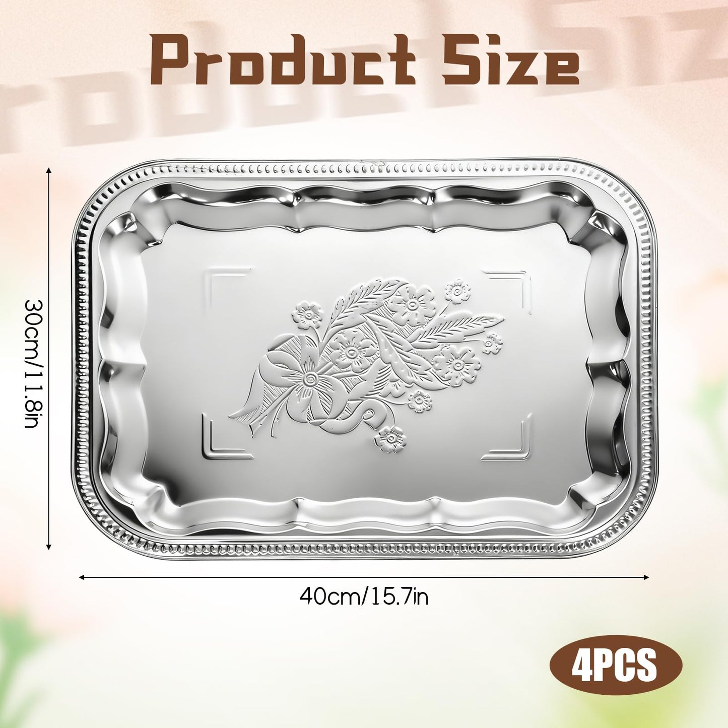 4 Pcs Large Silver Serving Trays, 15.7" x 11.8" Stainless Steel Rectangle Serving Tray, Decorative Silver Plates, Floral Engraved Tray, Metal Sizzler Plates for Coffee Table, Bar, Party, Club, Home