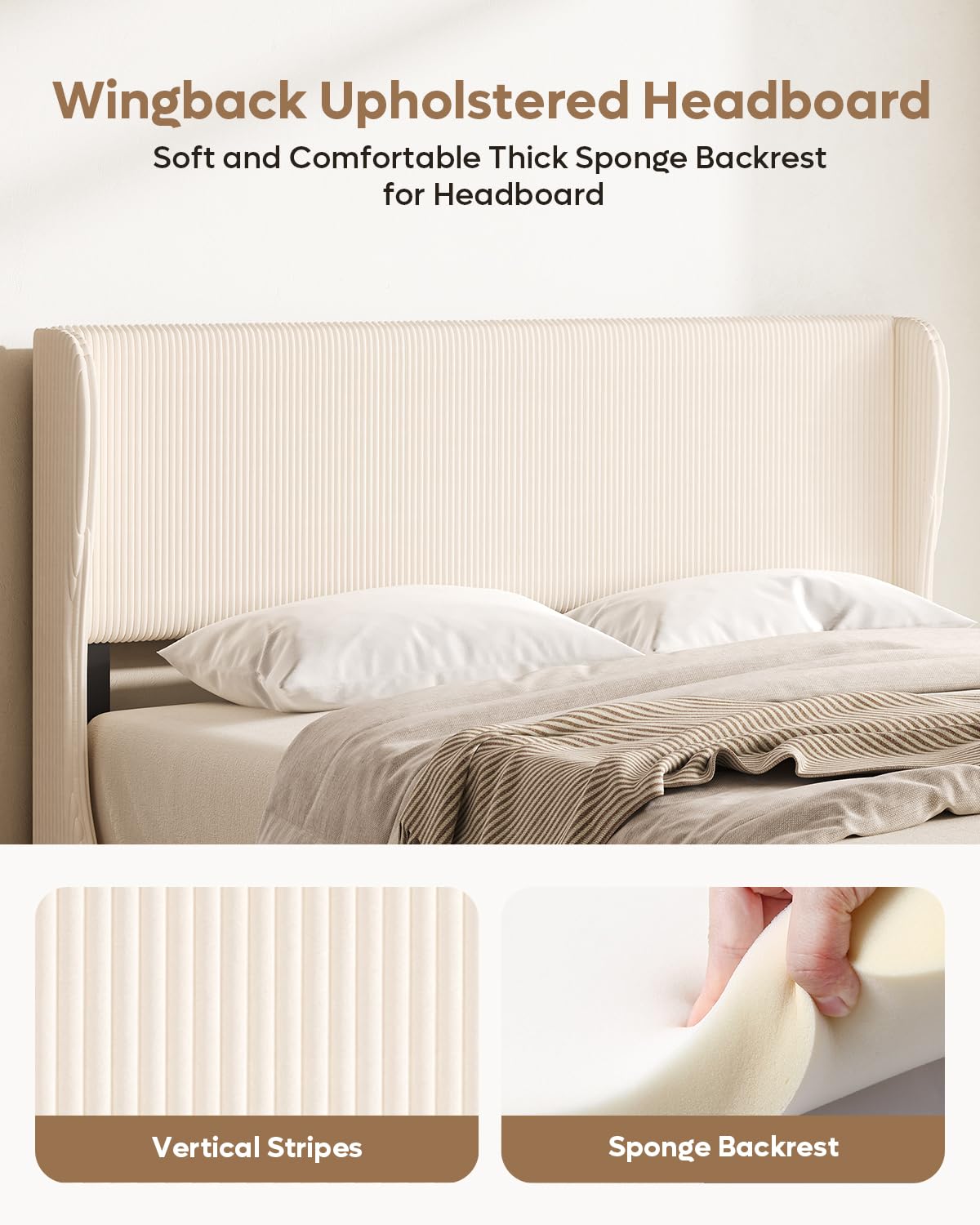 Bestier Queen Size Bed Frame with Wingback Headboard,Platform Queen Upholstered Bed with Strong Wooden Slats,No Box Spring Needed,Never Squeaks,Easy Assembly,Beige