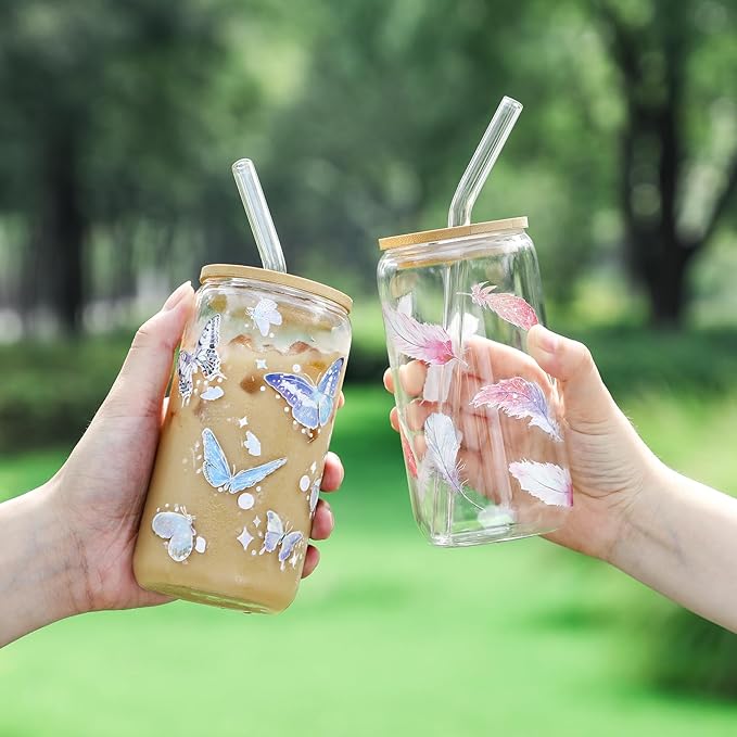 2 Pack Glass Cups with Bamboo Lids and Straws 16 oz, Gifts for Women, Drinking glasses set, Iced Coffee, Tea Cup, Cute Aesthetics Tumbler Cup, Mothers Day, Birthday Gifts for Her Mom