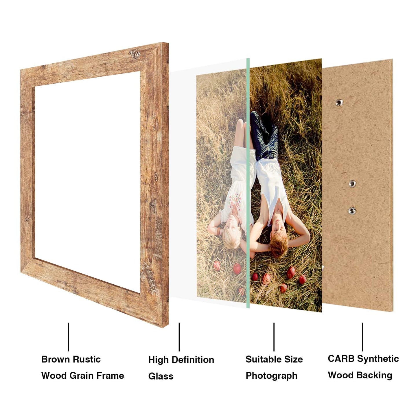 iRahmen 8x10 Picture Frame Set of 4, High Definition Real Glass Rustic Brown Frame, 8 x 10 Wood Photo Frames for Desktop Display and Wall Mounting