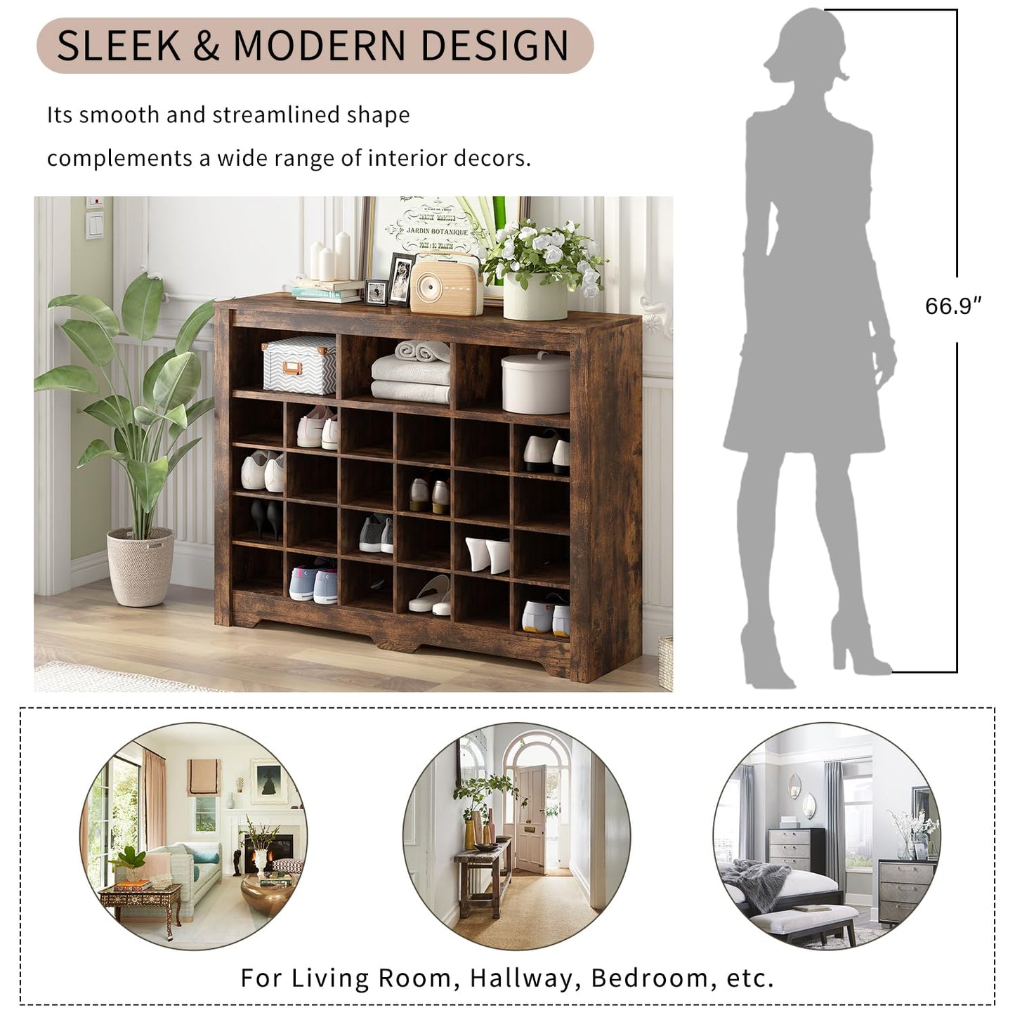 Merax Sleek Design 24 Shoe Cubby Console, Modern Storage Cabinet with Curved Base, Versatile Sideboard for Hallway, Bedroom, Living Room, Rustic Brown