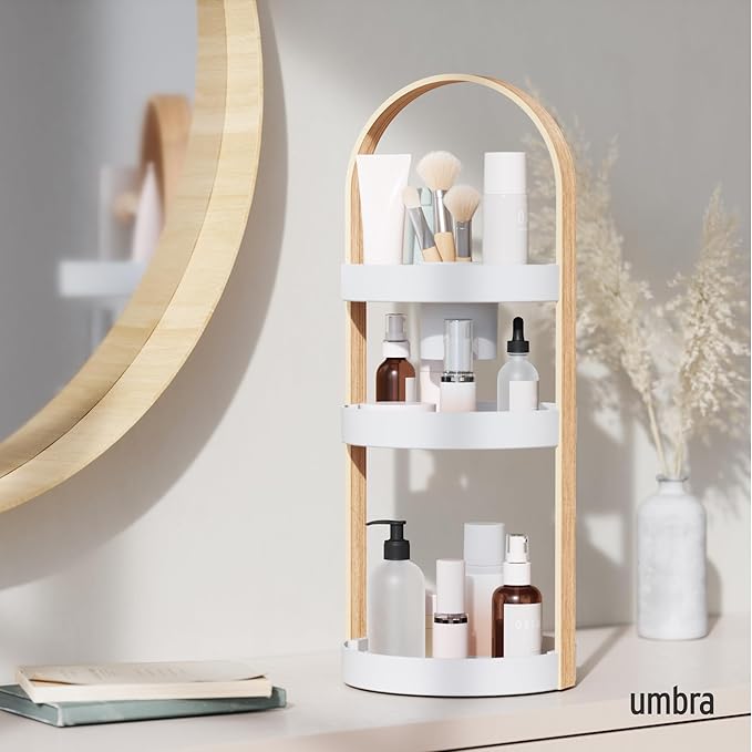 Umbra Bellwood Caddy, Organizer for Makeup and Cosmetics, Durable Rotating Container with Wooden Handle, Large, White/Natural