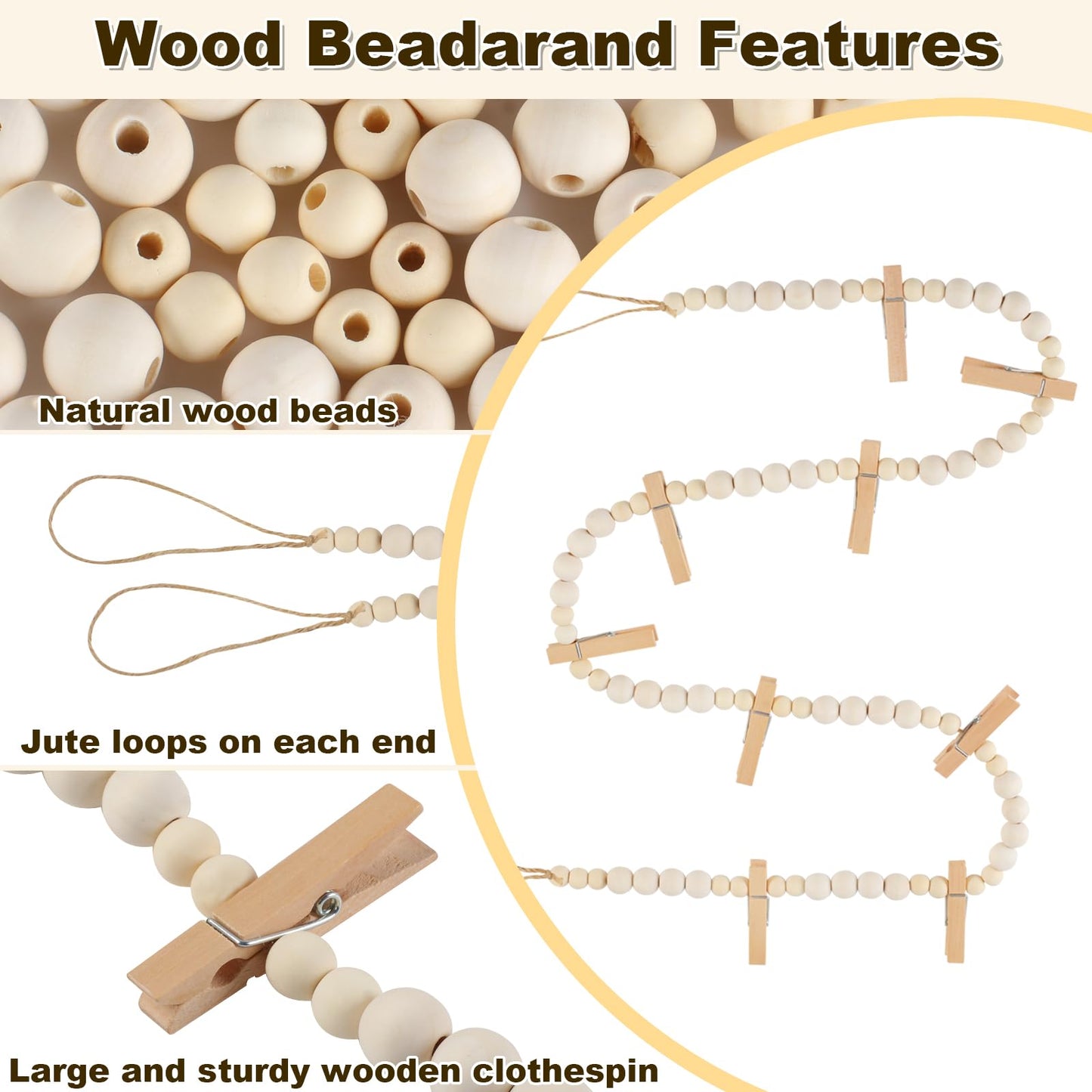 KooEggdo Hanging Photo Display Wall Decor With 9 Clips, Boho Wooden Bead Garland Collage Picture Frame, Bedroom, Living Room, Dorm Room Office, Teen Girl Holiday Gift
