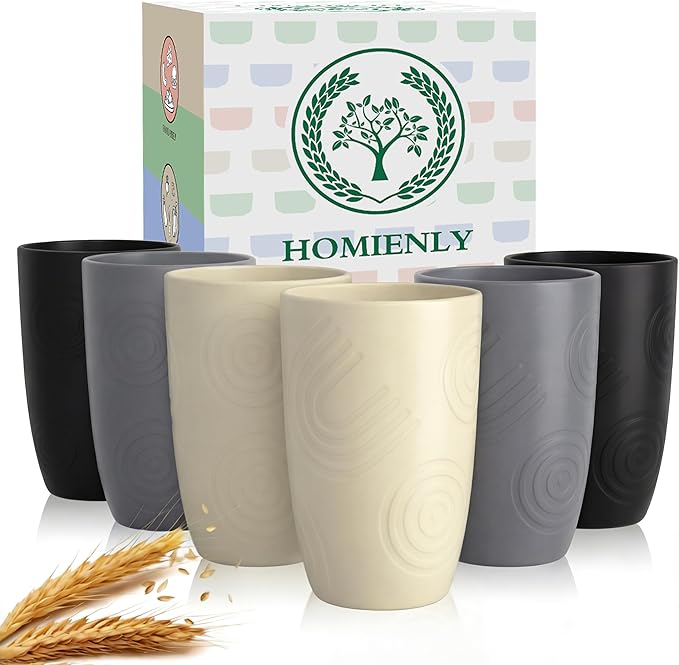 Homienly Premium Wheat Straw Cups Set of 6, Reusable 16oz Water Glasses Lightweight and Unbreakable Drinking Cups,Alternative Plastic Cup Dishwasher Safe Cups for Home and Outdoor - GreyStone