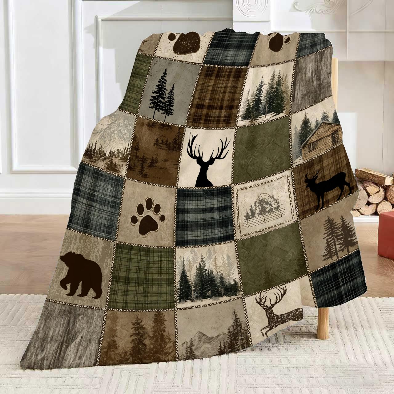 DEMCEAR Rustic Cabin Throw Blanket Wildlife Hunting Bear and Deer Brown Green Plaid Patchwork Lodge Blankets Soft Cozy Flannel Fleece for Living Room Bedroom Couch Sofa Bed Camping, 50x60 Inch