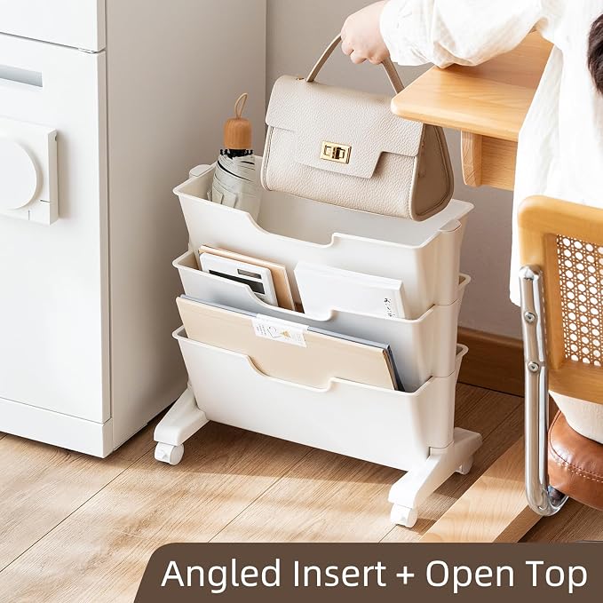 3 Tier Rolling Utility Cart Multi-Functional Movable Storage Book Shelves with Lockable Casters for Study Office Kitchen Classroom, White (Whtie, 3 Tier with Wheel)