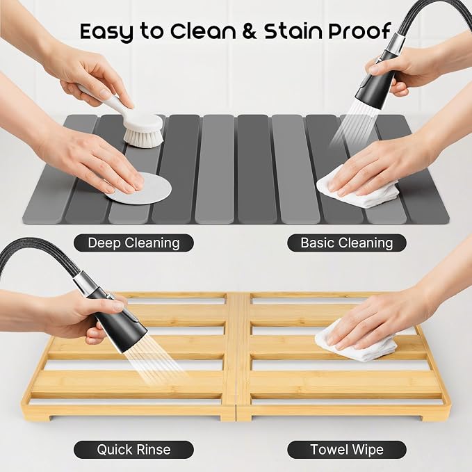 ArtyCozy Extra Large Rollable Stone Drying Mat with Foldable Bamboo Dish Drying Rack for Kitchen Counter, Super Absorbent Diatomaceous Earth and Quick Drying Rack, 27"×17", Dark and Light Grey
