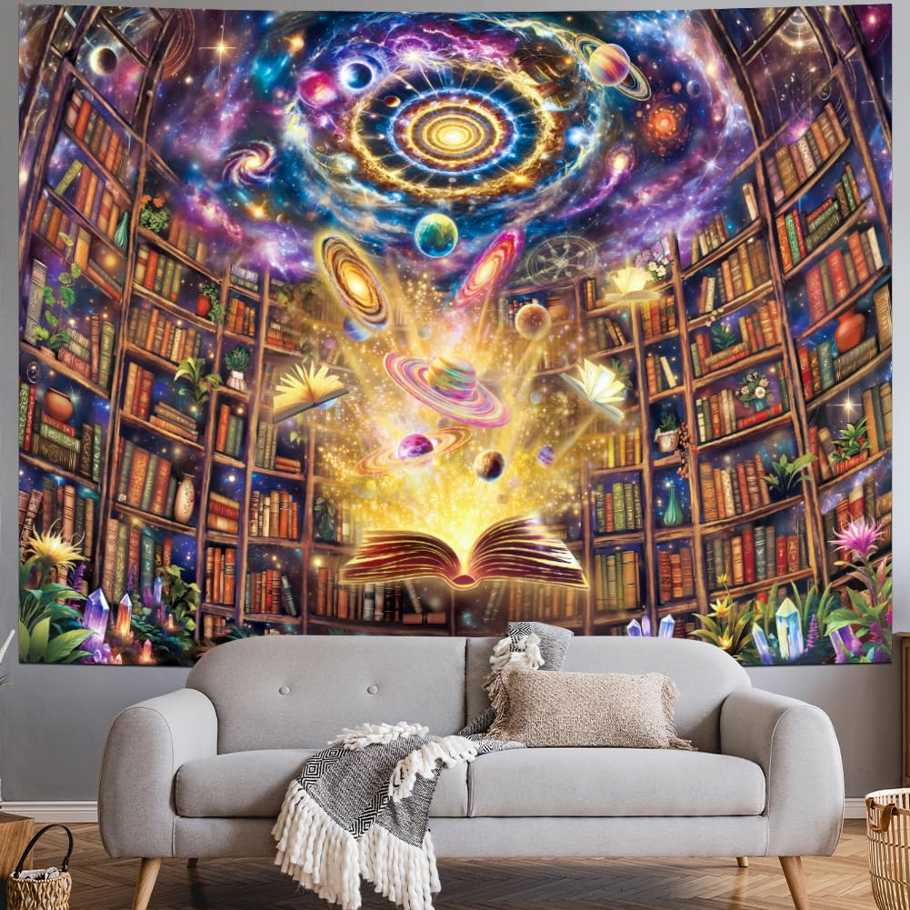 Serborlur Blacklight Bookshelf Tapestry UV Reactive Galaxy Space Library Tapestries Magical Book Planet Bookcase Backdrop Neon Universe Nebula Tapestry Wall Hanging for Bedroom Dorm Classroom