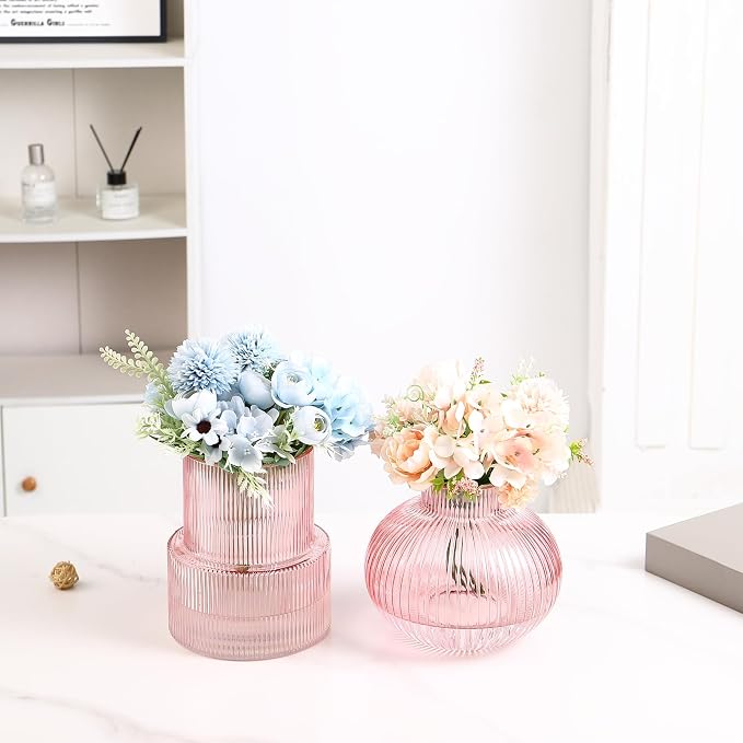 Ribbed Glass Vases, Set of 2 Fluted Vases for Flowers, Pink Glass Vase for Tulips, Modern Vase for Living Room, Kitchen, Office, Entryway, Mantle, Bookshelf, Wedding Gifts, Birthday