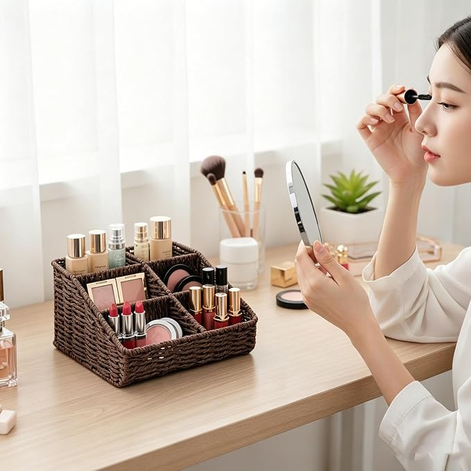 Makeup Organizer, Hand-woven Wicker Basket for Dresser Vanity and Bathroom Countertop, 6 Compartment Skincare Organizer Cosmetic Display Case, Beauty Holder for Lipstick Brush Eyeshadow - Brown