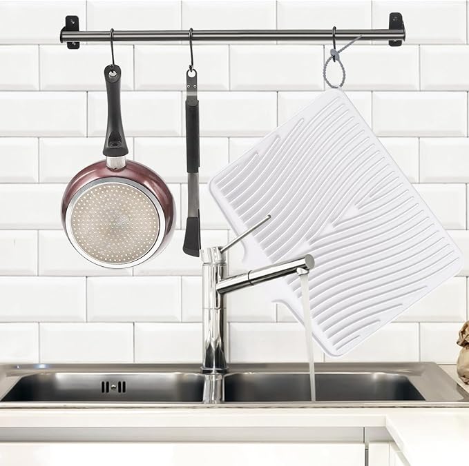 TIKNIK Silicone Dish Drying Mat for Kitchen Counter - Heat Resistant & Non-Slip Dish Drain Pad with Built-In Drain, Dishwasher Safe, Quick-Dry, Hangable & Roll-Up for Storage, White-2pcs, 20" x 15"