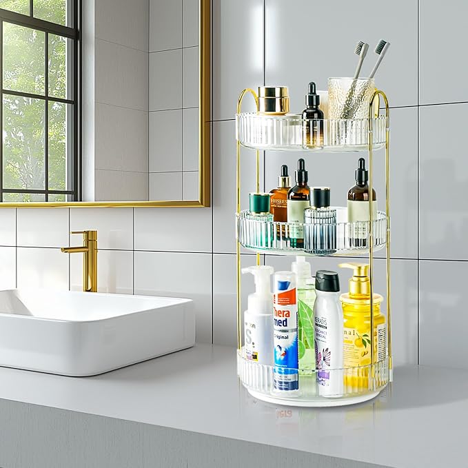 360 Rotating Makeup Organizer, 3 Tier Large Capacity Lazy Susan Bathroom Counter Organizer, Skincare Organizers, Spinning Perfume Organizer & Vanity Organizer Countertop (Golden Clear, 3 Tier)
