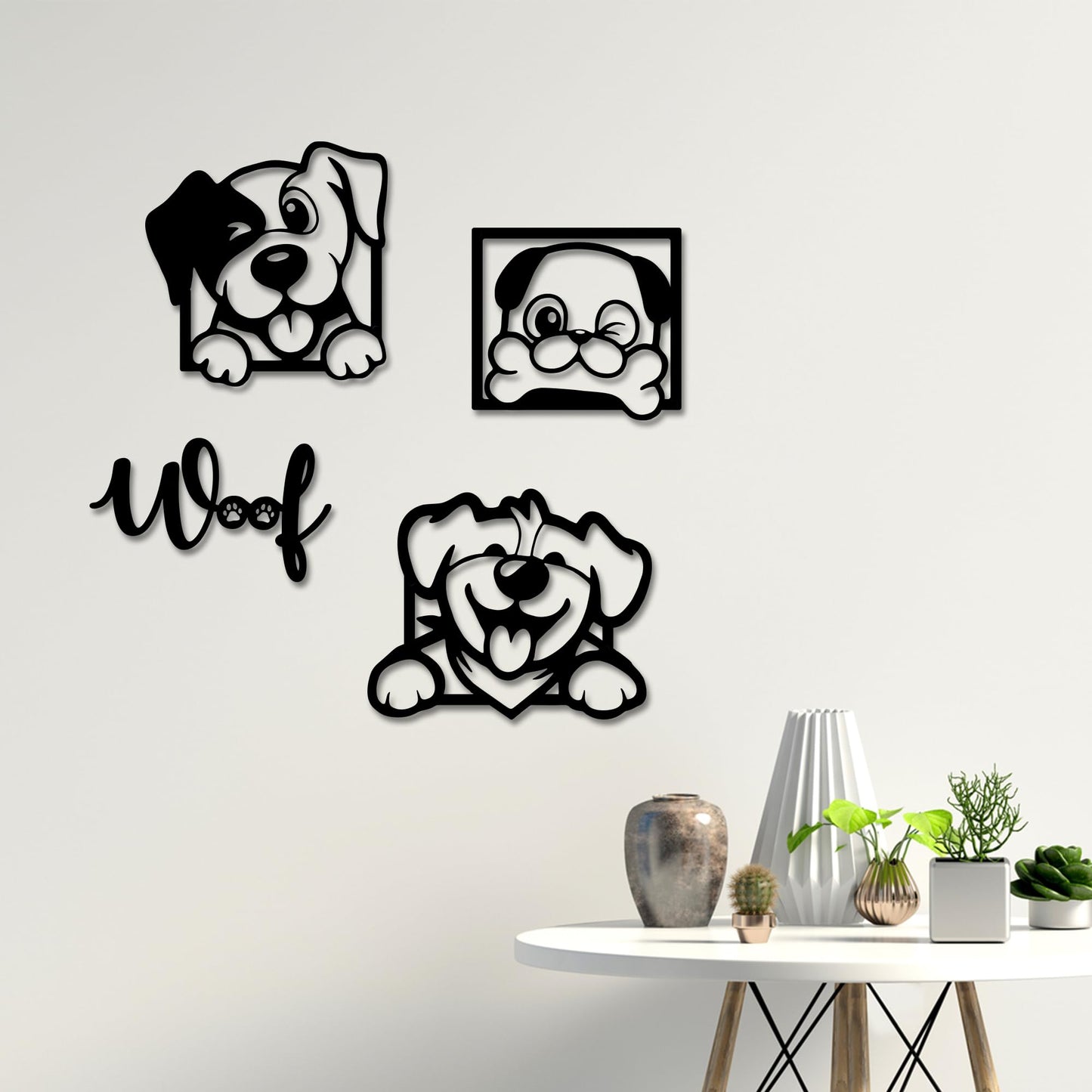 Rajukit 4-Piece Cartoon Metal Dog Wall Art Set, Dog Lover Gift for Indoor Home Décor, Playful Woof Design for Living Room, Bedroom, Office & Kitchen