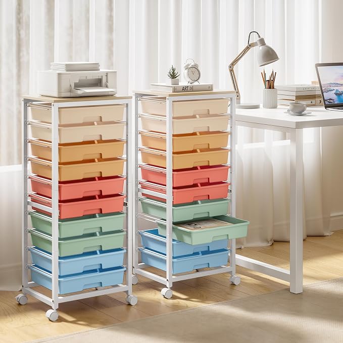 SYKIARIOL Rolling Cart with Drawers,10 Drawer Rolling Cart,Storage Cart with Wheels,Utility Cart with Drawers,Teacher Cart for Classroom Storage,Craft Cart with Wheels and Wooden Tabletop,Rainbow