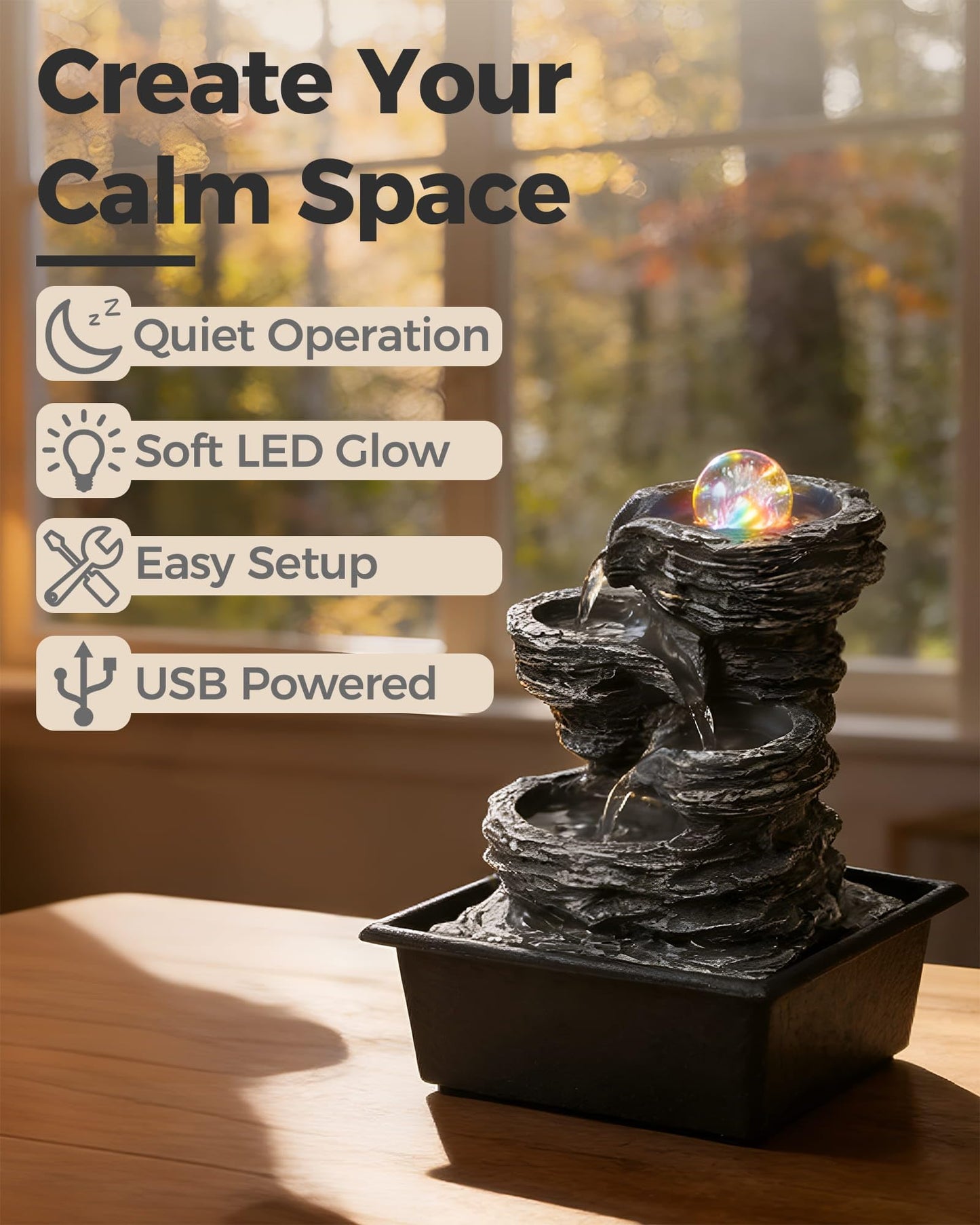 Twirleternity Tabletop Water Fountain with LED Lights & Rolling Bubble Ball, Indoor Waterfall Fountains for Home Office Zen Meditation Decor, Best Home Gifts for Friends or Family