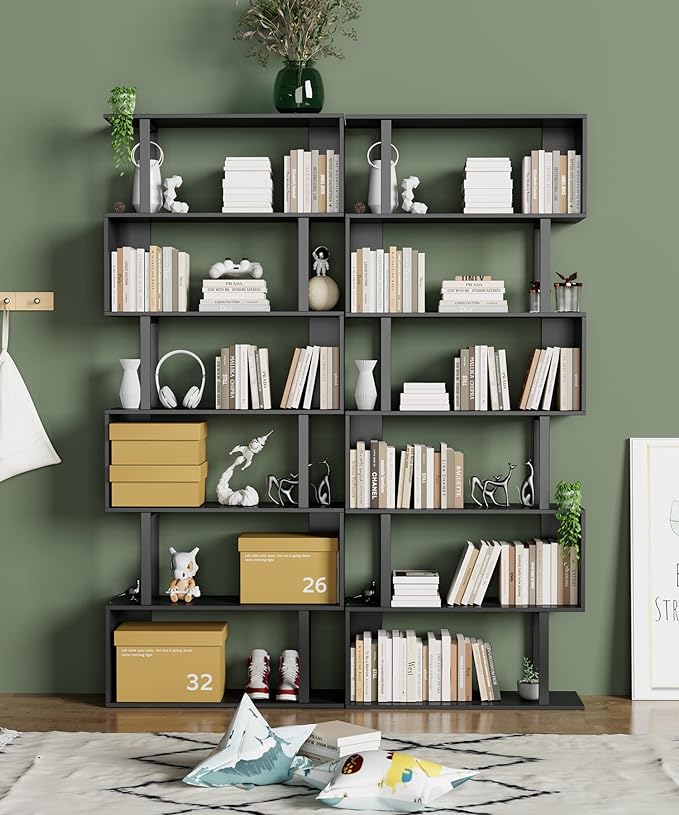 Gadroad 6 Tier Geometric Bookcase, Black Book Shelves, Modern Corner Bookcase Storage Shelf Wood for Bedroom, Living Room, Home Office, Black