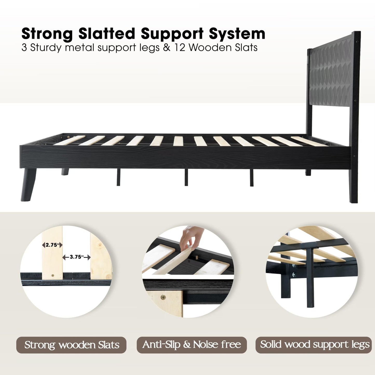 King Size Platform Bed Frame with Solid Wood Headboard & Footboard, 12 Sturdy Slatted Base with Central Metal Legs, Noise-Free & Slip-Free, Easy Assembly, No Box Spring Needed, Ebony Oak Finish UPK-35