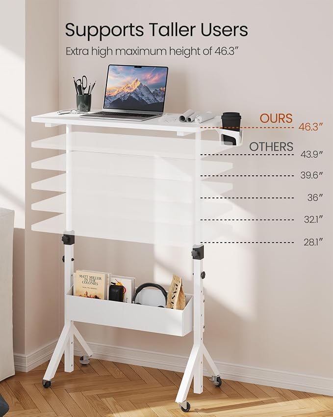 ErGear Mobile Standing Desk with Wheels, Adjustable Height 28.3″ to 46.1″, Rolling Laptop Cart with Cup Holder, Storage Basket, Computer & Pen Slot, Home Office Stand Up Desk, White (31.5″ x 15.75″)