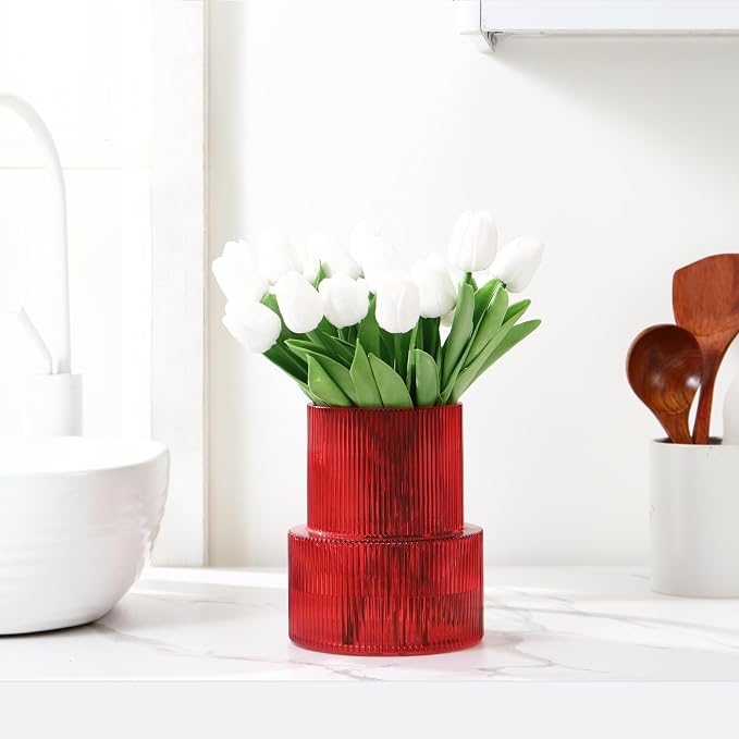 Ribbed Glass Vase, Flower Vase, Fluted Red Vases for Flowers, Modern Vases for Living Room, Dining Table, Entryway, Shelf, Wedding, Office, Coffee Table, Birthday, 7.5 Inches