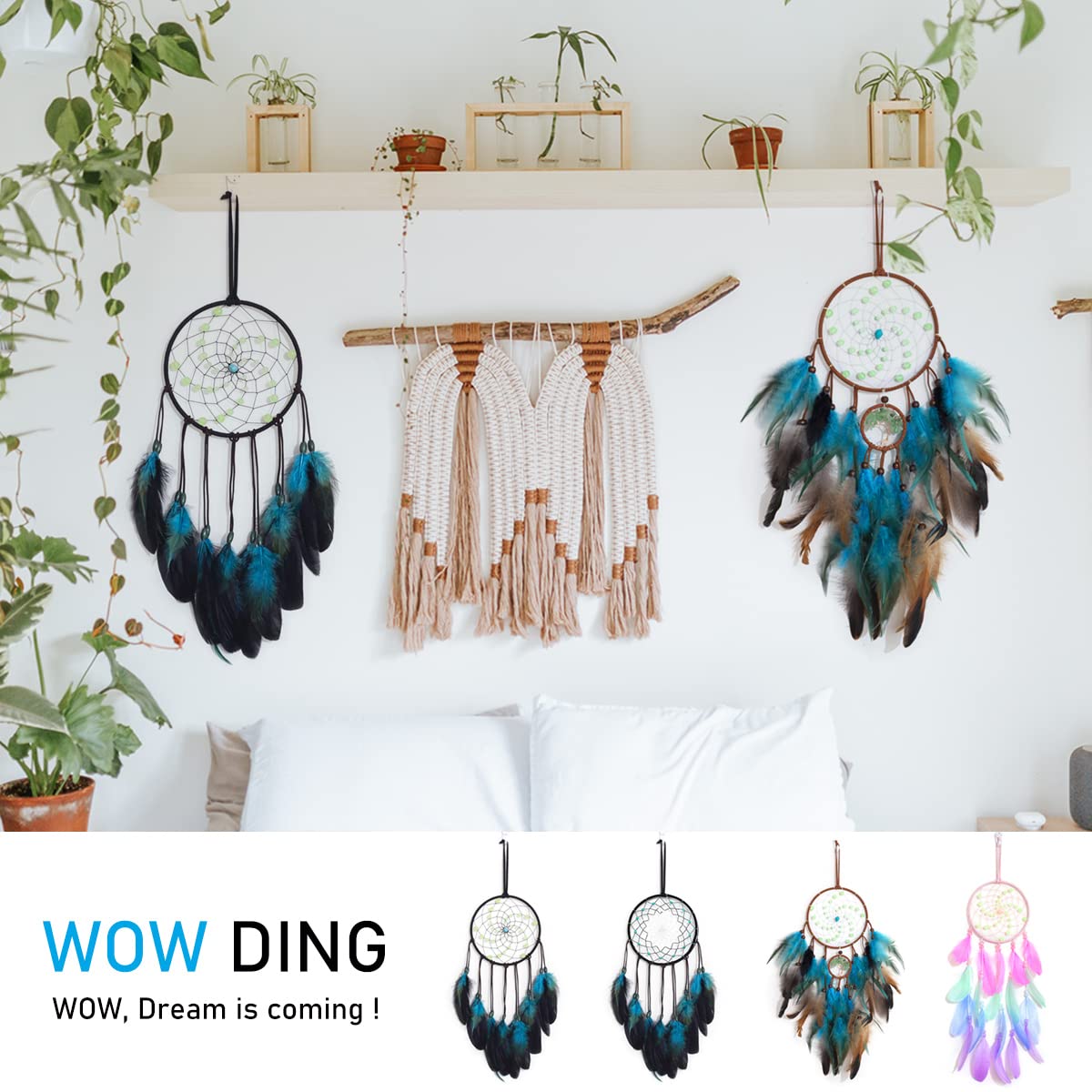 Dream Catchers with Luminous Beads, Handmade Blue Dreamcatcher, Bedroom Decor for Boys Girls Kids Ornament Art Craft Gift