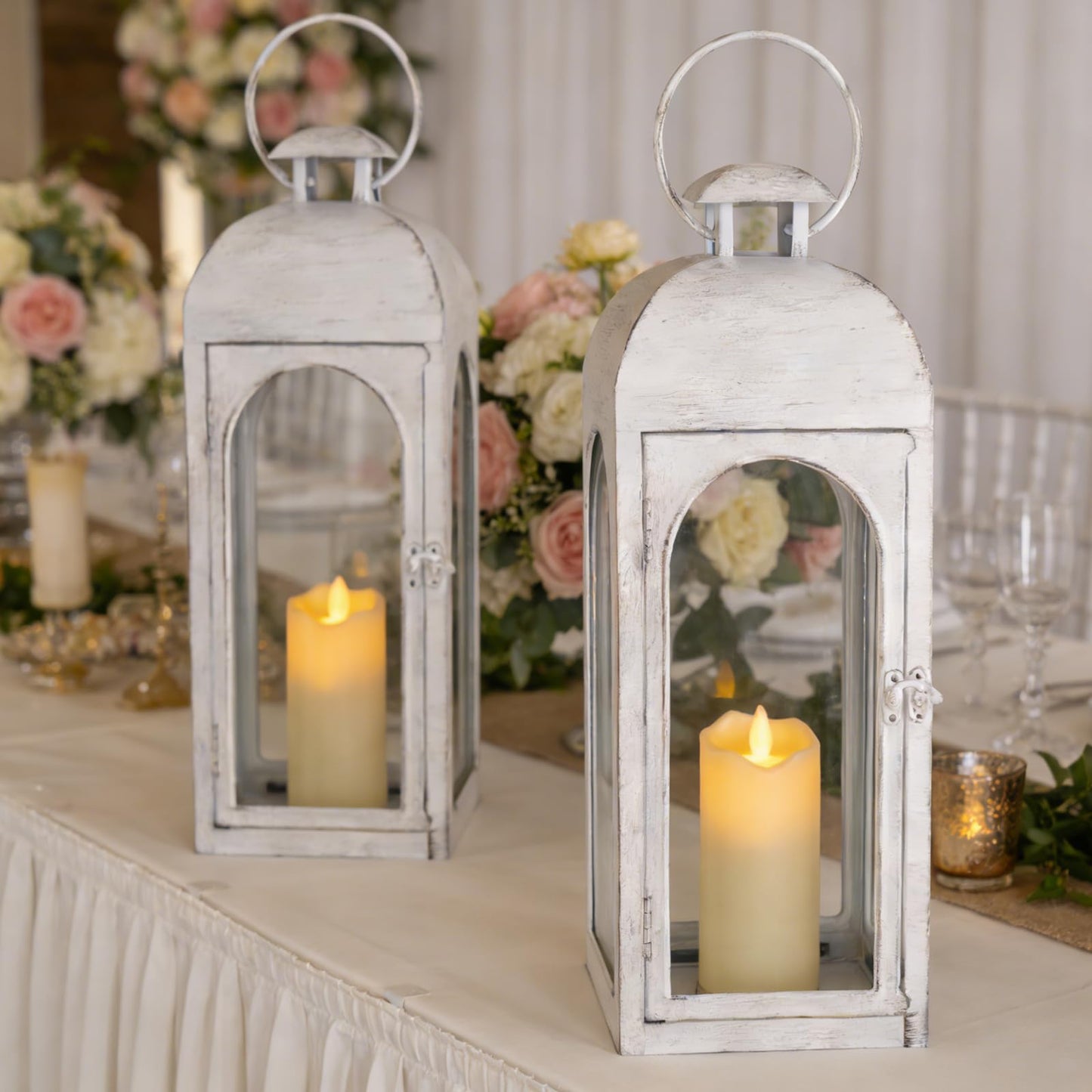 Damsico Lantern Decorative Indoor & Outdoor, Large Hanging Candle Lanterns, Metal Decorative Candle Lanterns, Waterproof Hanging Lantern for Porch Patio Wedding Home (White)