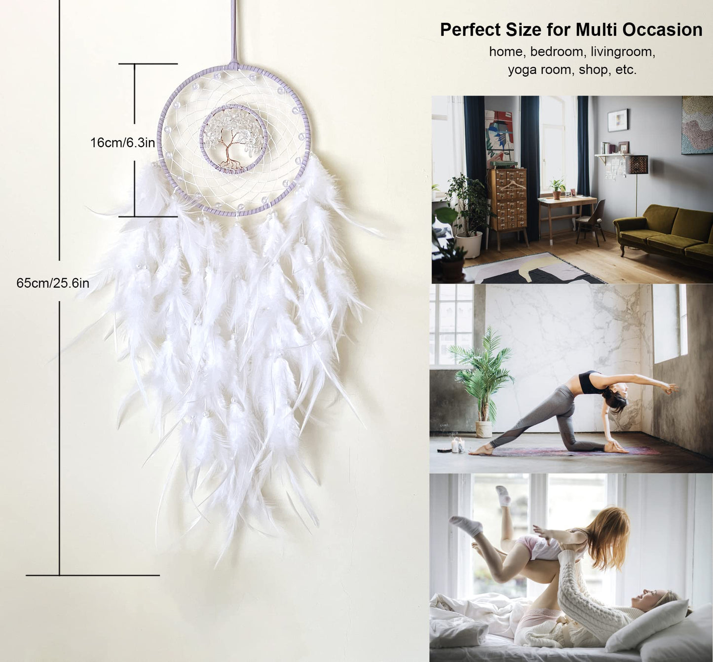 Dream Catchers, White Dream Catcher Tree of Life Wall Decor, with Natural Healing Crystal Stone, Perfect Rock Crystal Handmade Dreamlike Dream Catchers for Bedroom Decor Art Craft Gift
