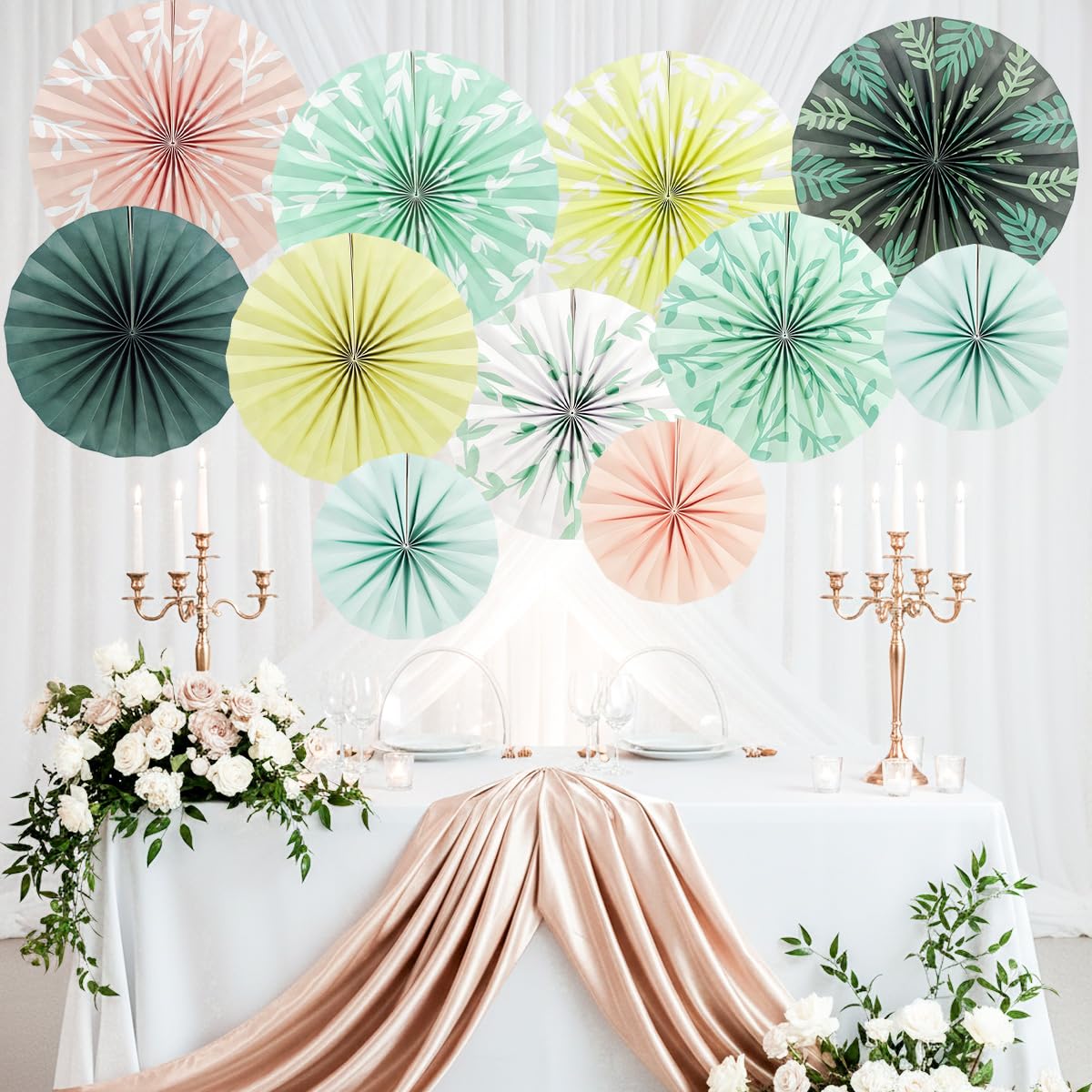 Cadpkler 11 Pcs Sage Paper Fans - Green Bohemian Ceiling Hanging - Perfect for Heme Party, Tea Party, Wedding Party Decoration