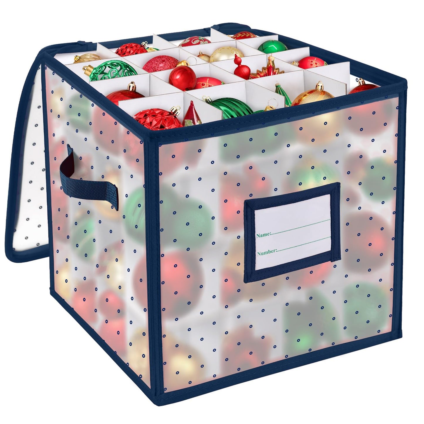 BINSUNS Christmas Ornament Storage Box, Christmas Storage Containers Organizer Bag with Dividers - Fits up to 64 Holiday Xmas Ornaments Decorations 3" Seasons Balls(Blue)