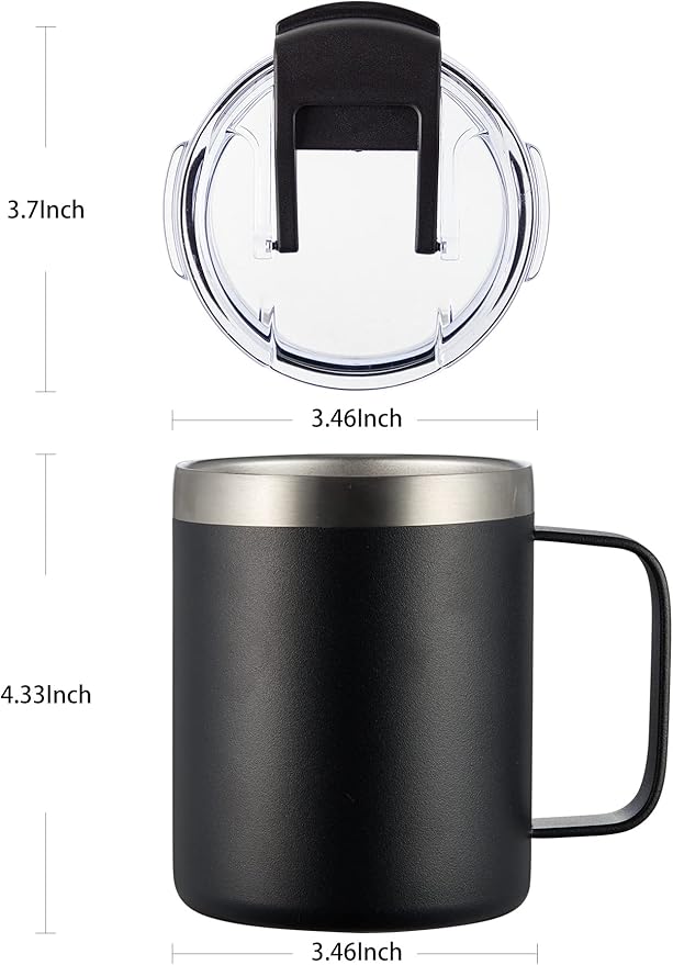 12oz Stainless Steel Insulated Coffee Mug with Handle, Double Wall Vacuum Tumbler Cup with Fliping Lid, Black, 4 Pack