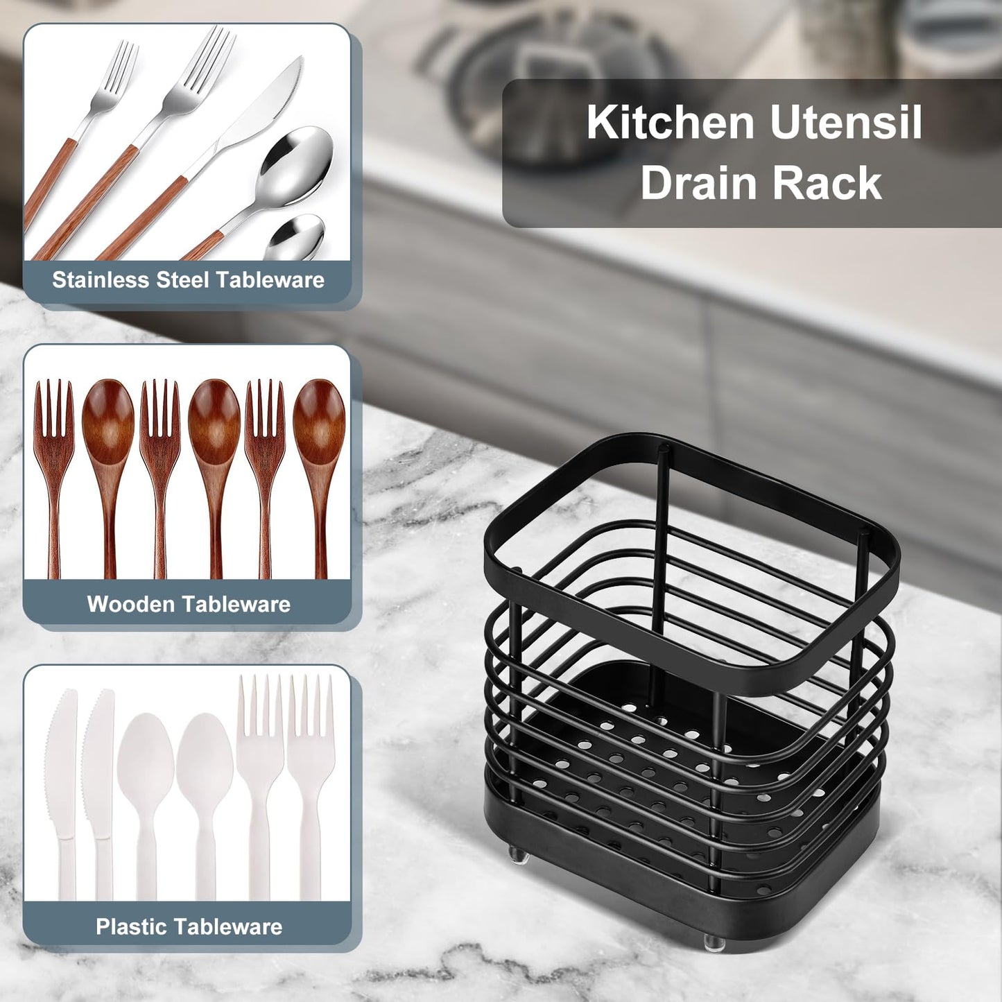 IWNTWY Utensil Holder, Stainless Steel Utensil Drying Rack for Kitchen Counter, Silverware Cutlery Flatware Holder Forks, Knives, Spoons, Chopsticks Organizer (Black)