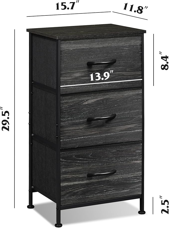 WLIVE Nightstand with 3 Drawers, Fabric Dresser, Organizer Unit, Storage Dresser for Bedroom, Hallway, Entryway, Closets, Steel Frame, Wood Top, Easy Pull Handle, Charcoal Black Wood Grain Print
