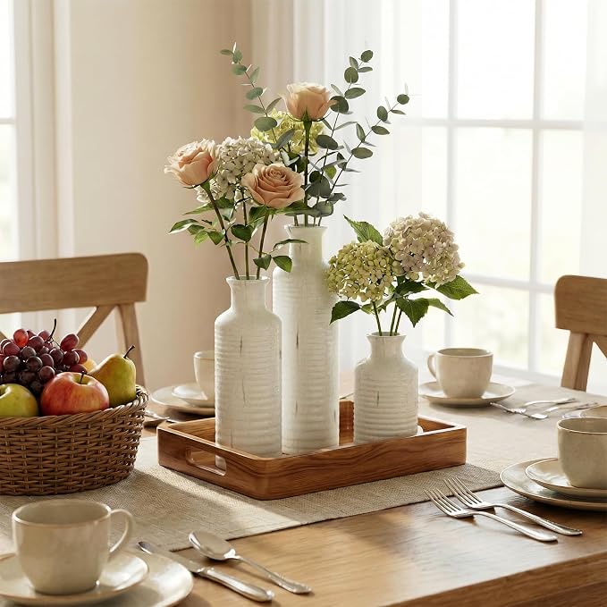 Firehold Ceramic Vase Set of 3, Flower Vases for Home Decor, Neutral Rustic Modern Farmhouse Vase, Decorative Centerpieces for Table Bookshelf Mantel Kitchen Living Room Office