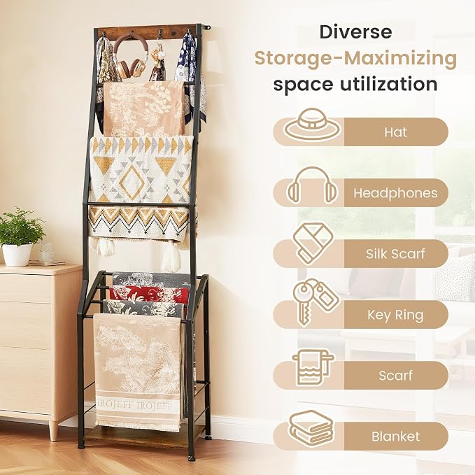 Pinzoveco Blanket Ladder, 7 Tier Wooden Ladder Shelf with Hooks, 5.5ft Blanket Holder Rack Farmhouse Ladder Rack for Storage and Home Decor, Rustic Brown and Black