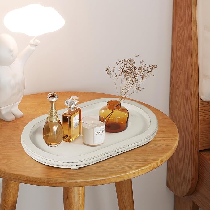 Urban Deco Oval Wooden Tiered Tray, Farmhouse Vintage Decorative Tray Stand for Coffee Table, White Serving Tray for Living Room Kitchen Home Decor - 1 Pack