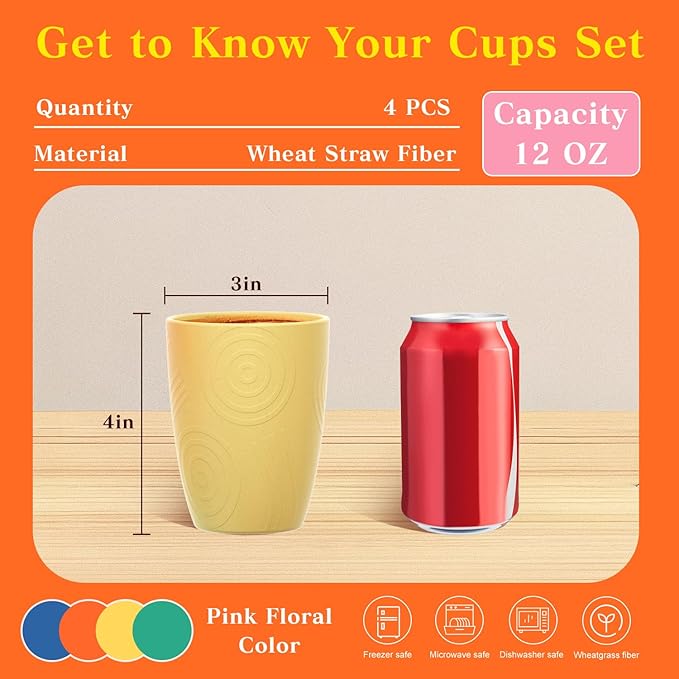 Homienly Plastic Cups Alternative Wheat Straw Drinking Glasses 4-Pack | 12 oz Unbreakable & Reusable Plastic Cups, Microwave Safe | Everyday Kids Tumblers & Kitchen Accessories (Multi-Color)